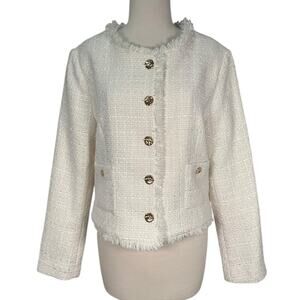 Rachel Zoe White Tweed Fringe Blazer Jacket Gold Buttons Large Quiet Luxury